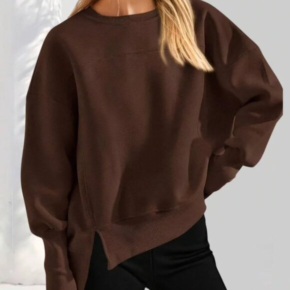 Slit Round Neck Dropped Shoulder Sweatshirt - Picture 1 of 15